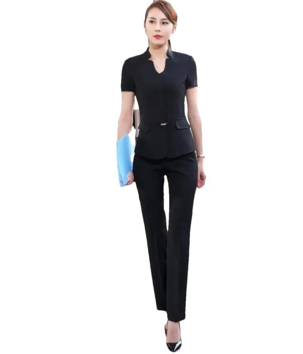 41JDaIurGVL.jpg Women Summer Business Pant Suit Formal Slim Short Sleeve V Neck Blazer and Trousers Office Ladies Work Wear Uniform