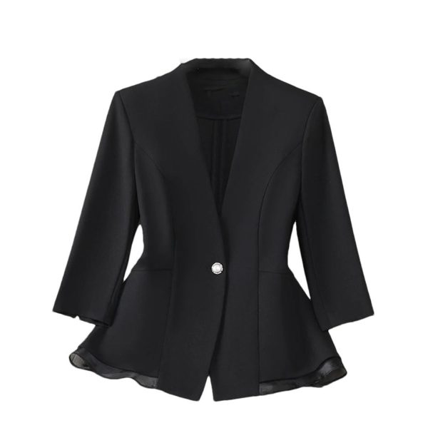 41PLTwN98sL.jpg Women Elegant Black White Blazer Ruffle Slim Fit Half Sleeve Formal Office Top Work Jacket