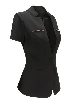 Women's 2 Piece Business Office Suit Set One Button Short Sleeve Blazer Jacket and Suit Pants