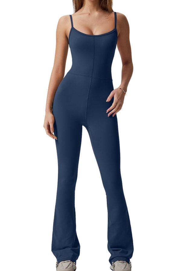 51-3HWue7tL.jpg Flare Jumpsuits for Women Spaghetti Straps Scoop Neck Bodycon Full Length Casual Unitard Playsuit