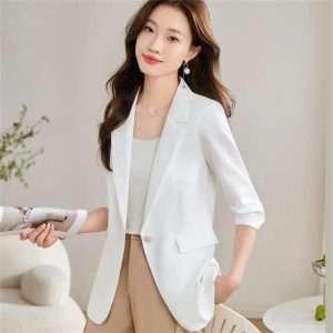 Women Spring Summer Professional Slim Half Sleeve Jacket Office Work Coat Tops White Blazer