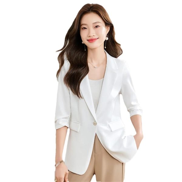 510ktDuDdL.jpg Women Spring Summer Professional Slim Half Sleeve Jacket Office Work Coat Tops White Blazer