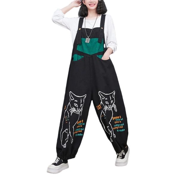 5158biyXlqL.jpg Women Loose Vintage Streetwear Wide Leg Jumpsuits Denim Overalls Spliced Black Cartoon Printed Jumpsuits