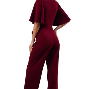 Women Casual Loose Short Sleeve Belted Wide Leg Pant Romper Jumpsuits