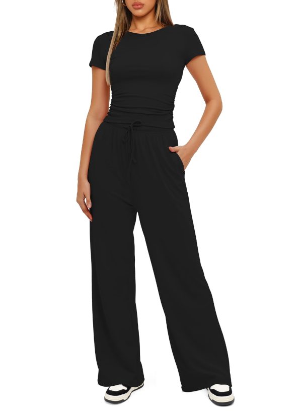 51726TXjrWL.jpg Women's 2 Piece Outfits Lounge Sets Ruched Short Sleeve Tops High Waisted Wide Leg Pants Tracksuit Sets