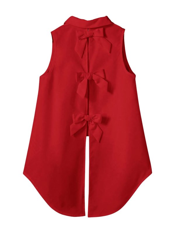 51Ac-cok5kL.jpg Women's Bow Back Blouse Collar Neck Button Down Vest Sleeveless Asymmetrical Split Blouse Top Tank