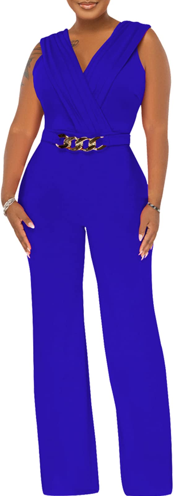 51BJb5hVPBL.jpg Women's Dressy Jumpsuits Summer Sexy Party Rompers Elegant Deep V Neck Backless Clubwear Wide Leg Long Pants
