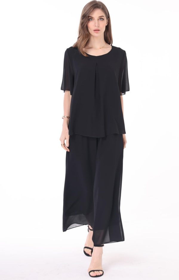51CN01lCQL.jpg Women's 2 Piece Chiffon Sets Outfits Flowy Summer Casual Dressy Pantsuits Double Layers Blouse Capris Pants Suits