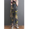 Women Cartoon Printed Denim Overalls Ankle-Length Vintage Denim Jumpsuits Pockets Rompers Jumpsuit