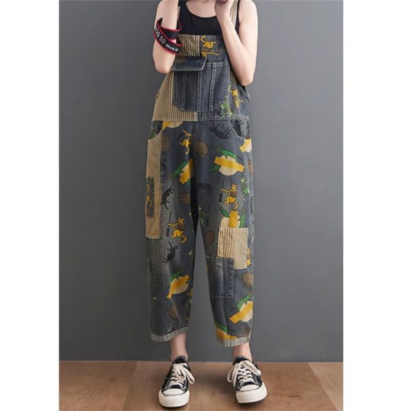 51HhSD8k10L.jpg Women Cartoon Printed Denim Overalls Ankle-Length Vintage Denim Jumpsuits Pockets Rompers Jumpsuit