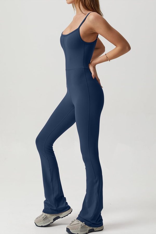 51JDyOnFaRL.jpg Flare Jumpsuits for Women Spaghetti Straps Scoop Neck Bodycon Full Length Casual Unitard Playsuit
