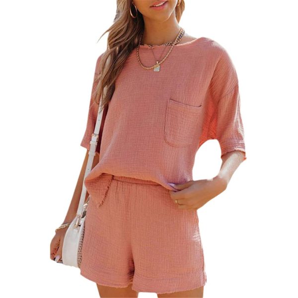 51JO9vhVH9L.jpg Summer Cotton Linen Pocket Sets, Short Sleeve T Shirt And Shorts 2 Piece Set, Women Beach Solid Outfits Tracksuit