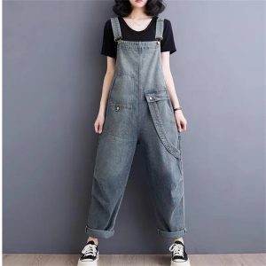Womens Blue Vintage Big Pockets Streetwear Overalls Long Jumpsuit Loose Rompers Denim Jumpsuits