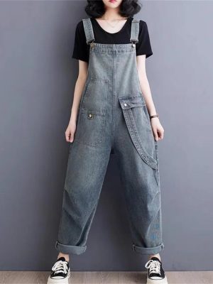 Womens Blue Vintage Big Pockets Streetwear Overalls Long Jumpsuit Loose Rompers Denim Jumpsuits