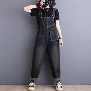 Women Pockets Ladies Long Jumpsuits Sleeveless Rompers Woman Blue Straight Jeans Jumpsuit