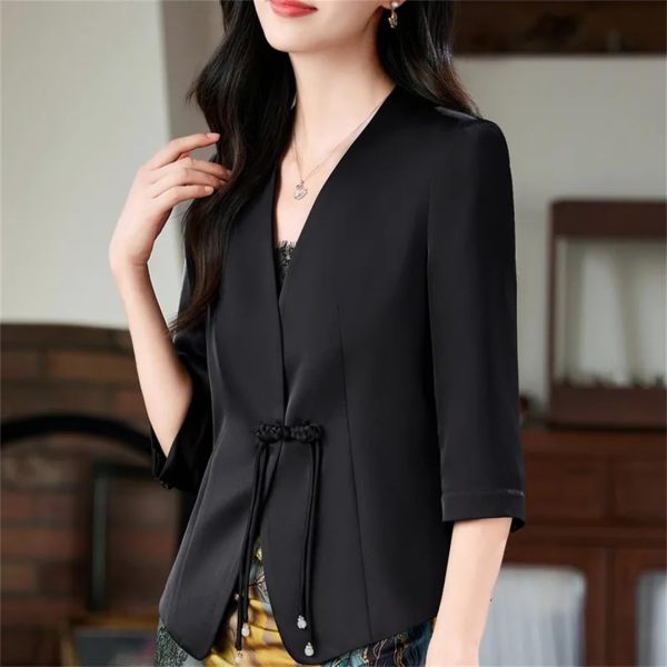 51LSuW6tnHL.jpg Women Satin Silk Suit Coat Half Sleeve Solid Single Button Blazer Elegant Office Outerweara Jacket
