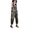 Women Cartoon Printed Denim Overalls Ankle-Length Vintage Denim Jumpsuits Pockets Rompers Jumpsuit