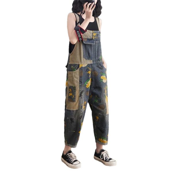 51OSn1ZeusL.jpg Women Cartoon Printed Denim Overalls Ankle-Length Vintage Denim Jumpsuits Pockets Rompers Jumpsuit