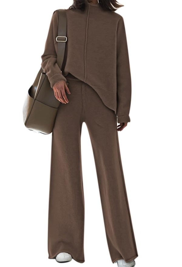51Pkzm1xfnL.jpg Women's 2 Piece Outfits Sweater Set Wide Leg Pants High Neck Sweatsuit Loungewear