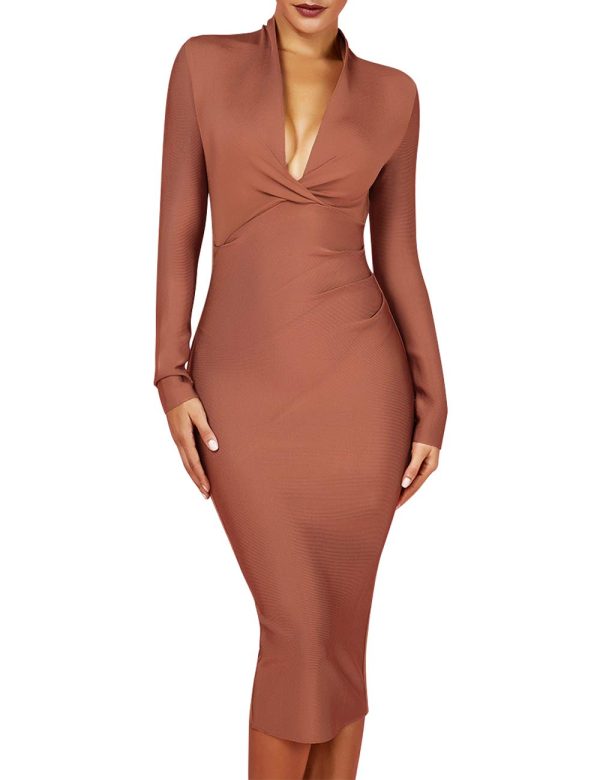 51R8gugnN-L.jpg Women's Deep Plunge V Neck Long Sleeves Draped Knee Length Bodycon Bandage Dress