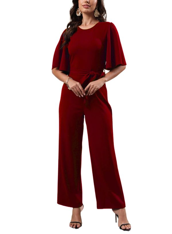 51SOI6J3poL.jpg Women Casual Loose Short Sleeve Belted Wide Leg Pant Romper Jumpsuits