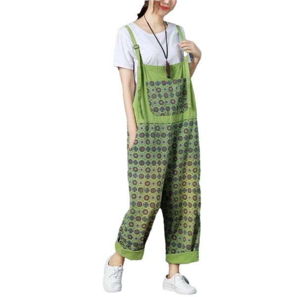 51SqrovhL.jpg Women Vintage Printed Jumpsuits Loose Washed Denim Overalls Print Simple Rompers Pants