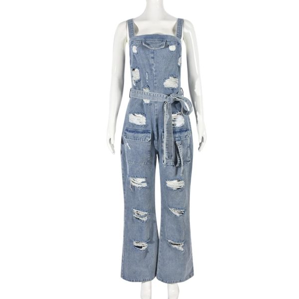 51TUCVD-YML.jpg Denim Jumpsuit for Women Halter Wide Leg Ripped Jean Jumpsuits for Women with Belt Casual Denim Romper