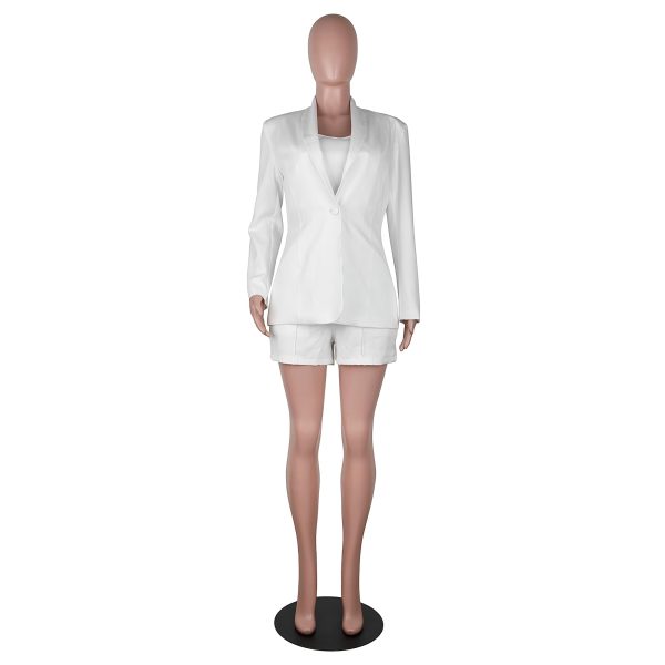 51VlygQ4wKL.jpg Women Sexy Bussiness Outfits 3 Piece Open Front Button Blazers + Crop Tops + Belted Shorts Set Jumpsuits