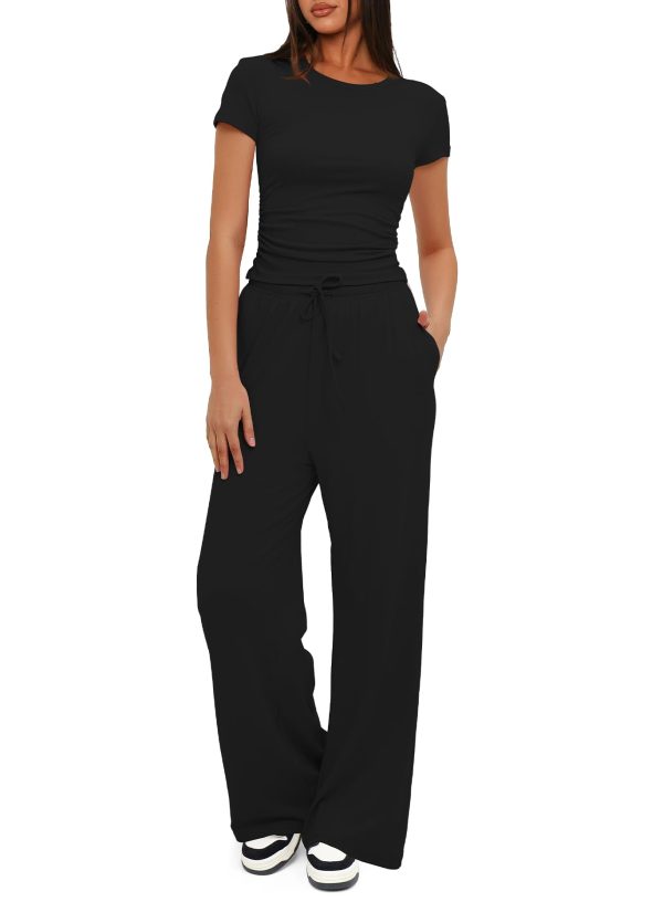 51W4vJ21DbL.jpg Women's 2 Piece Outfits Lounge Sets Ruched Short Sleeve Tops High Waisted Wide Leg Pants Tracksuit Sets