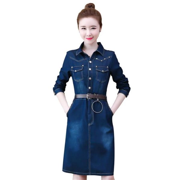 51W6xgTGFHL.jpg Women Jeans Dress Long Sleeve Single Breasted Shirt Dress Office Denim Dress
