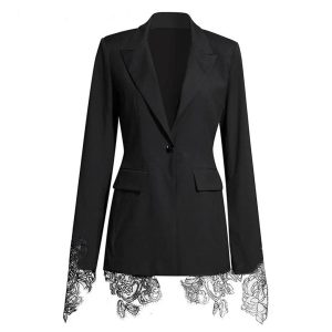 Women Embroidery Lace Notched Collar Long Sleeve Tunic Slimming Blazers