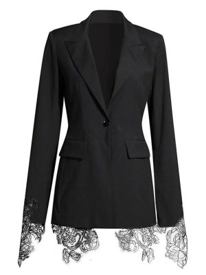 Women Embroidery Lace Notched Collar Long Sleeve Tunic Slimming Blazers