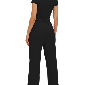 Women's 2 Piece Outfits Lounge Sets Ruched Short Sleeve Tops High Waisted Wide Leg Pants Tracksuit Sets