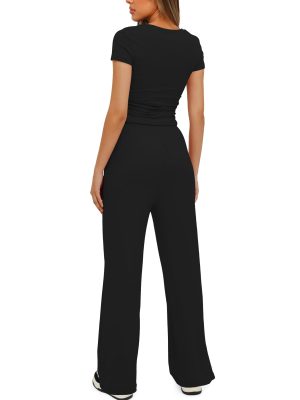 Women's 2 Piece Outfits Lounge Sets Ruched Short Sleeve Tops High Waisted Wide Leg Pants Tracksuit Sets