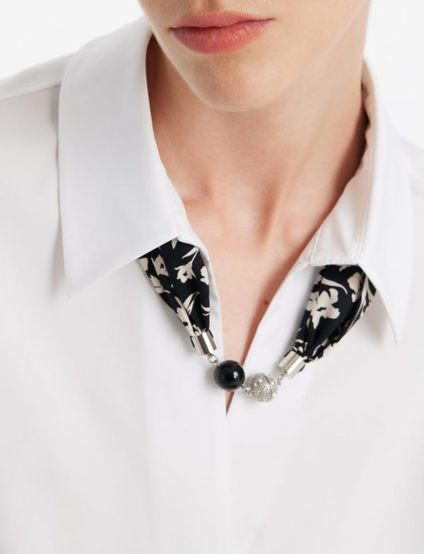 51c3D9YxCL.jpg Business Casual Tops for Women Elegant V Neck White Dress Shirts Puff Sleeve Blouse for Work with Attached Silk Scarf