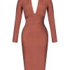 Women's Deep Plunge V Neck Long Sleeves Draped Knee Length Bodycon Bandage Dress