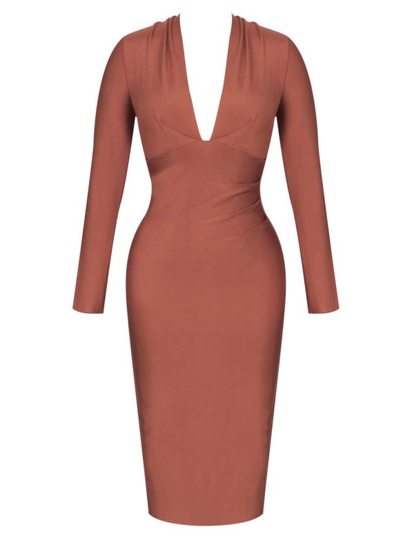 51cFVIn-c8L.jpg Women's Deep Plunge V Neck Long Sleeves Draped Knee Length Bodycon Bandage Dress