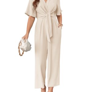 Womens Wide Leg Jumpsuits Short Sleeve Tie Knot Front Summer Long Romper