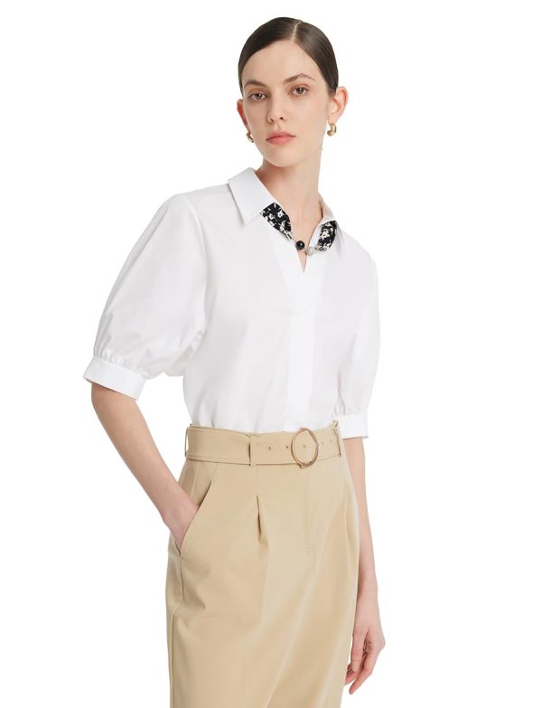 51iKLhxeuwL.jpg Business Casual Tops for Women Elegant V Neck White Dress Shirts Puff Sleeve Blouse for Work with Attached Silk Scarf