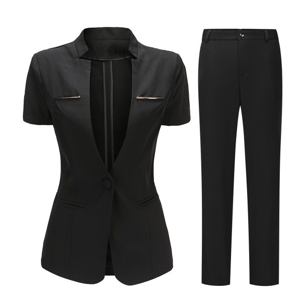 51ic1jwAtvL.jpg Women's 2 Piece Business Office Suit Set One Button Short Sleeve Blazer Jacket and Suit Pants