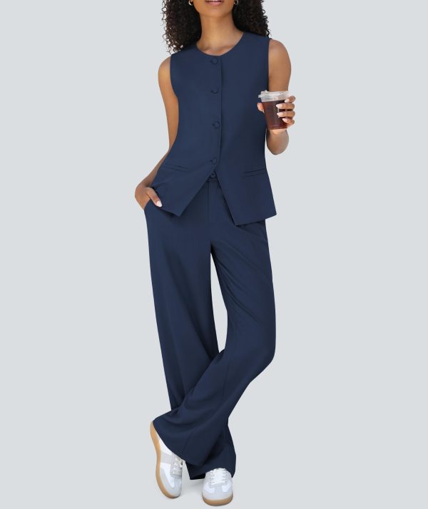51jXHoqawnL.jpg Women's 2 Piece Blazer Outfits Sleeveless Crewneck Vest Wide Leg Pantsuit 2025 Dressy Casual Work Sets