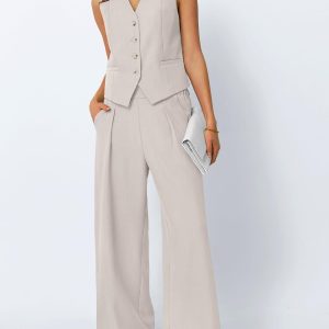 Womens V Neck Twill Tailored Blazer Sleeveless Vest Two 2 Piece Set Wide Leg Pant Suit