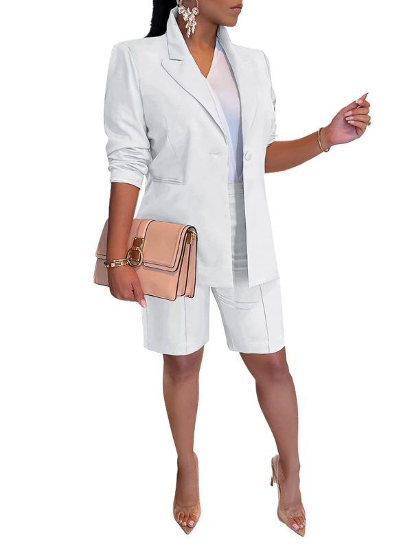 51nKZOML8fL.jpg Womens 2 Piece Blazer Outfits Lapels Open Front Suit Jacket and Bermuda Shorts Set
