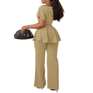 Women's 2 Piece Outfits Suit Set Short Sleeve Peplum Top Flared Pants Sets Business Pantsuits