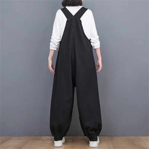 51r-5mRpB2L.jpg Women Loose Vintage Streetwear Wide Leg Jumpsuits Denim Overalls Spliced Black Cartoon Printed Jumpsuits