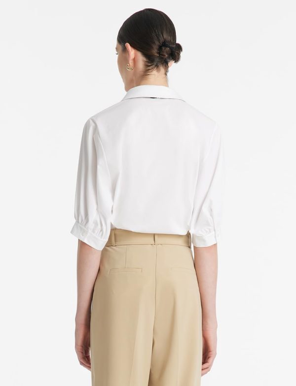 51t09rZn5TL.jpg Business Casual Tops for Women Elegant V Neck White Dress Shirts Puff Sleeve Blouse for Work with Attached Silk Scarf