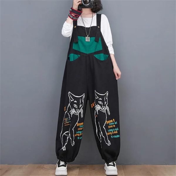 51vPtXlJdvL.jpg Women Loose Vintage Streetwear Wide Leg Jumpsuits Denim Overalls Spliced Black Cartoon Printed Jumpsuits