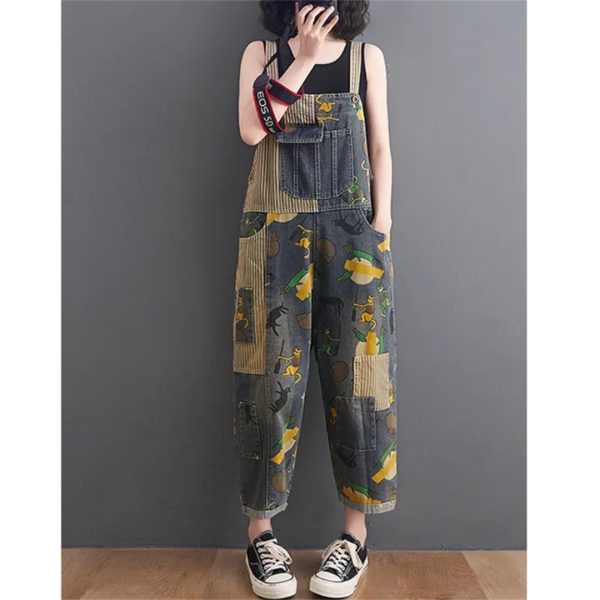 51wVisfmXlL.jpg Women Cartoon Printed Denim Overalls Ankle-Length Vintage Denim Jumpsuits Pockets Rompers Jumpsuit
