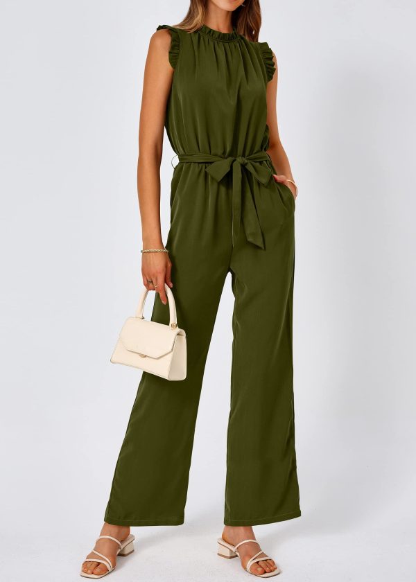 61-gs8xIzFL.jpg Jumpsuits For Women Dressy Summer One Piece Sleeveless Ruffle Mock Neck Belt Pockets Formal Wide Leg Pants Romper