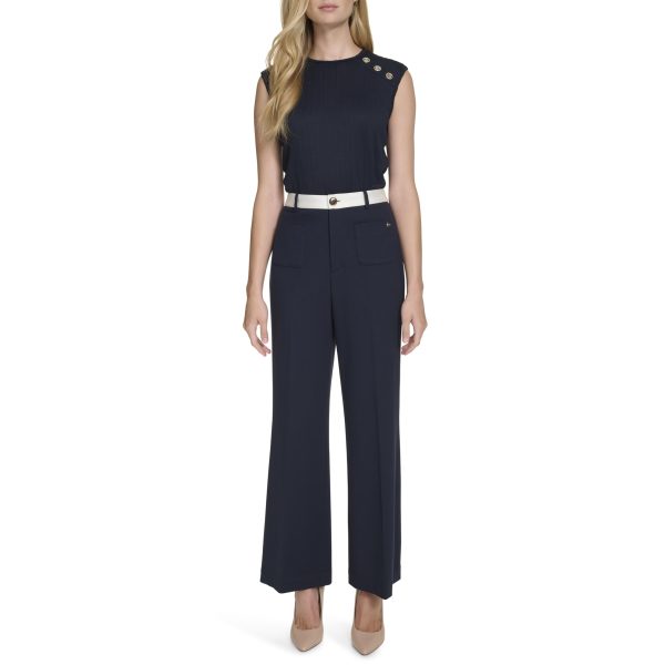61-u2aNzTL.jpg womens Contrast Waist Flare Trouser Pant